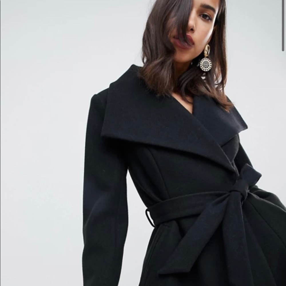 ASOS DESIGN waterfall collar coat with tie belt